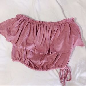 pink ruffled off the shoulder top